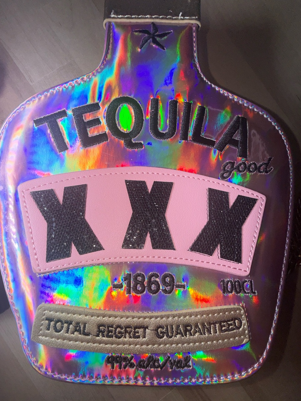 Holographic 'Tequila XXX' Novelty Crossbody Bag - Pink Accent